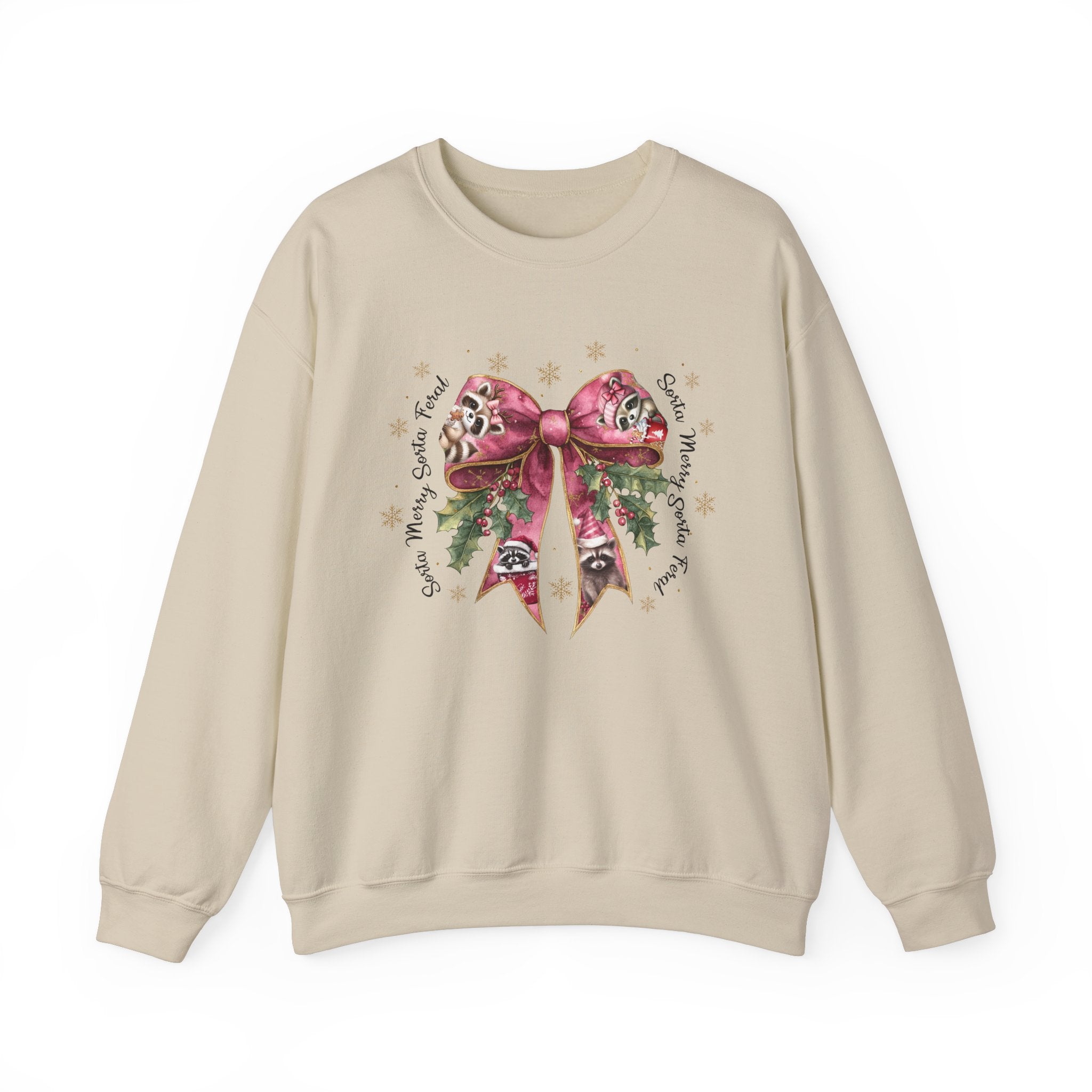 Funny Women's Sorta Merry Sorta Feral Sweatshirt – Festive Raccoon Bow Design