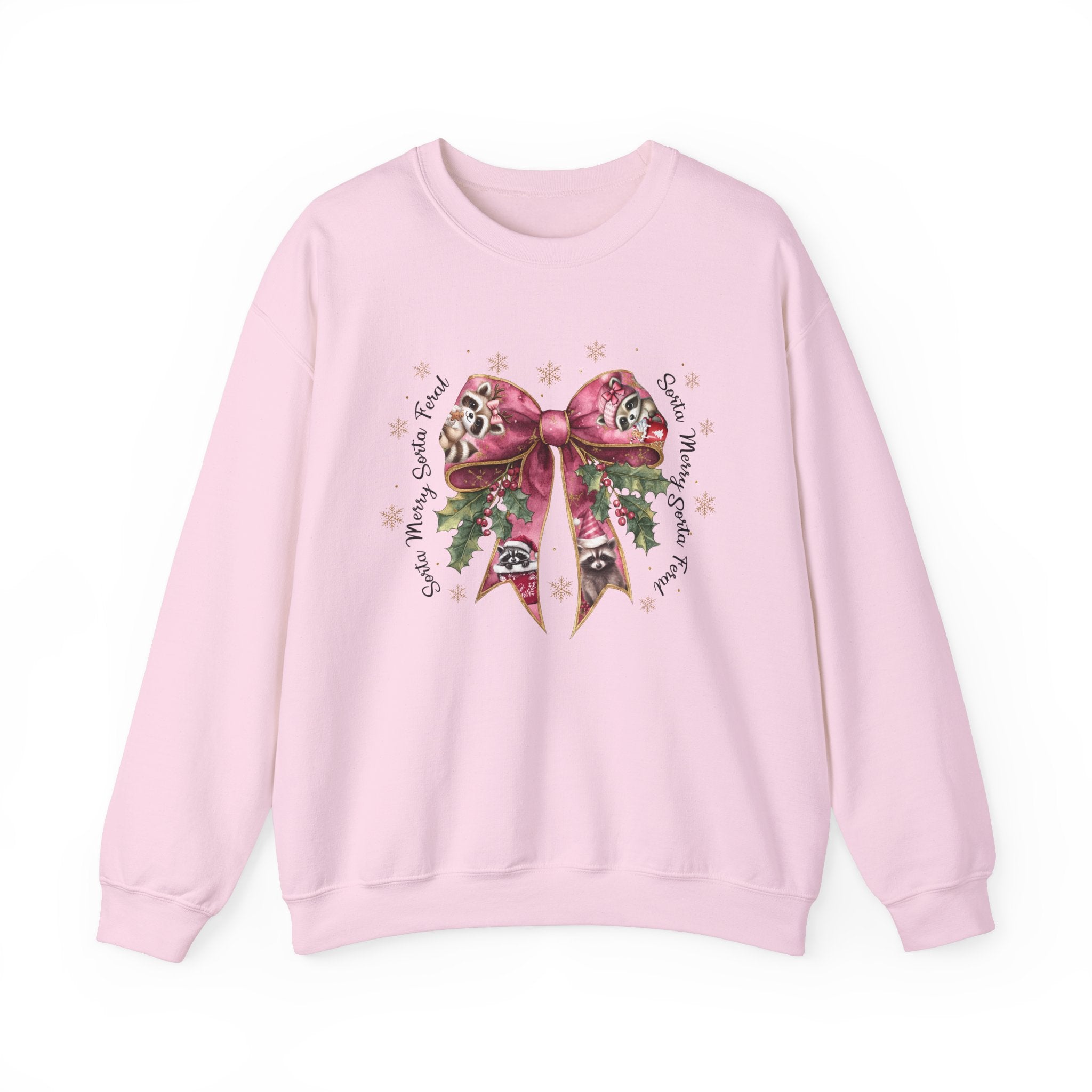 Funny Women's Sorta Merry Sorta Feral Sweatshirt – Festive Raccoon Bow Design