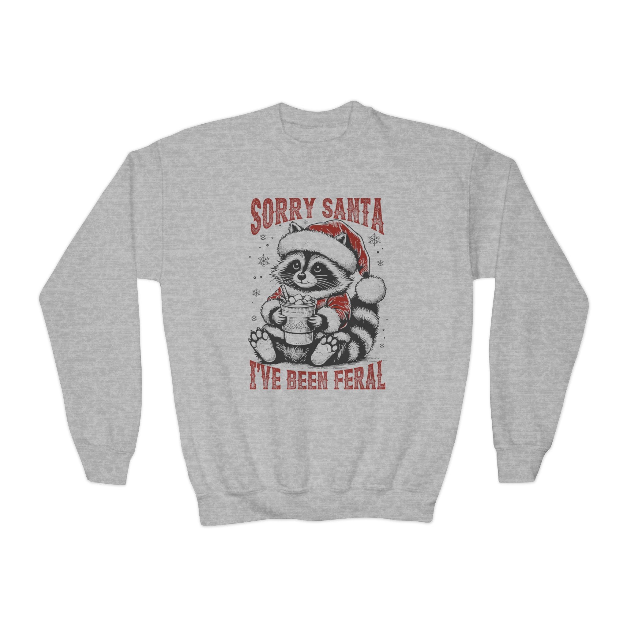 Funny youth christmas crewneck, Feral Festive Raccoon: Sorry Santa Crewneck YOUTH