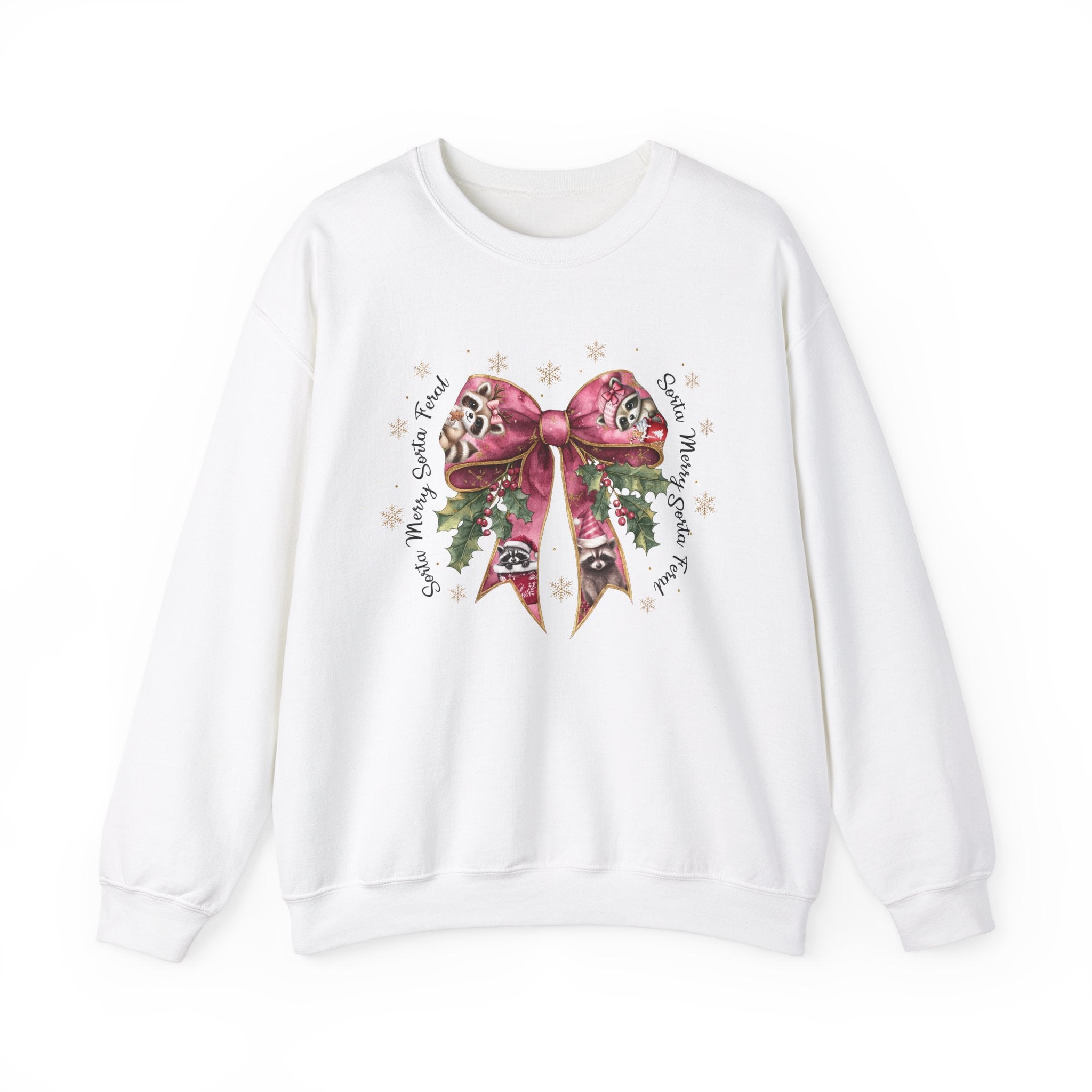 Funny Women's Sorta Merry Sorta Feral Sweatshirt – Festive Raccoon Bow Design