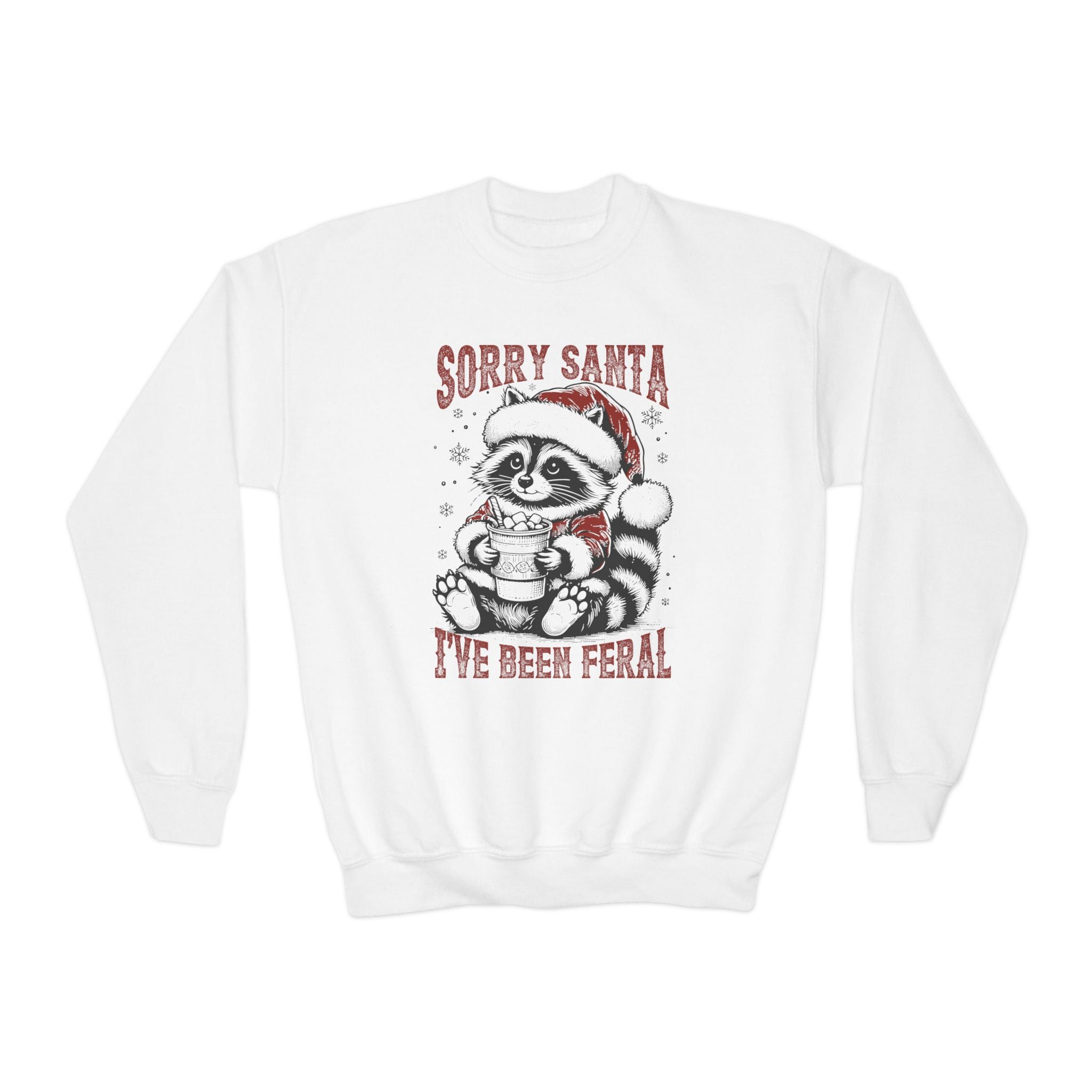 Funny youth christmas crewneck, Feral Festive Raccoon: Sorry Santa Crewneck YOUTH