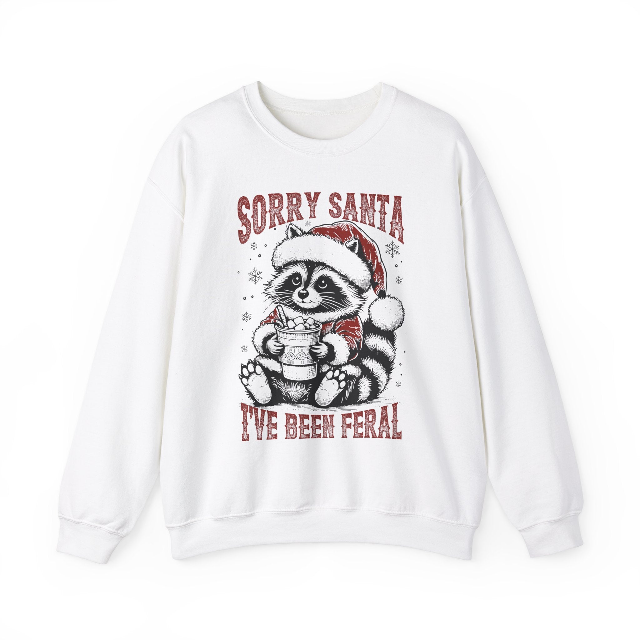 Funny Mens, womens and youth christmas crewneck,Feral Festive Raccoon: Sorry Santa Crewneck