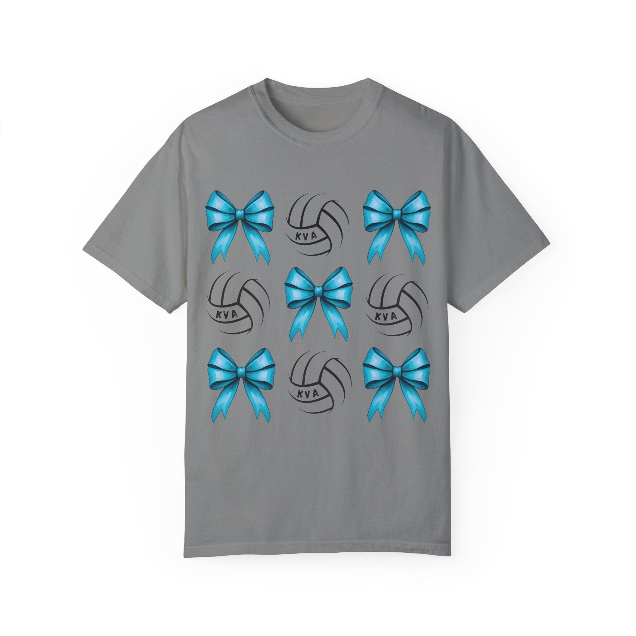 Garment-Dyed KVA Volleyball T-Shirt with Blue Bows and Volleyballs-