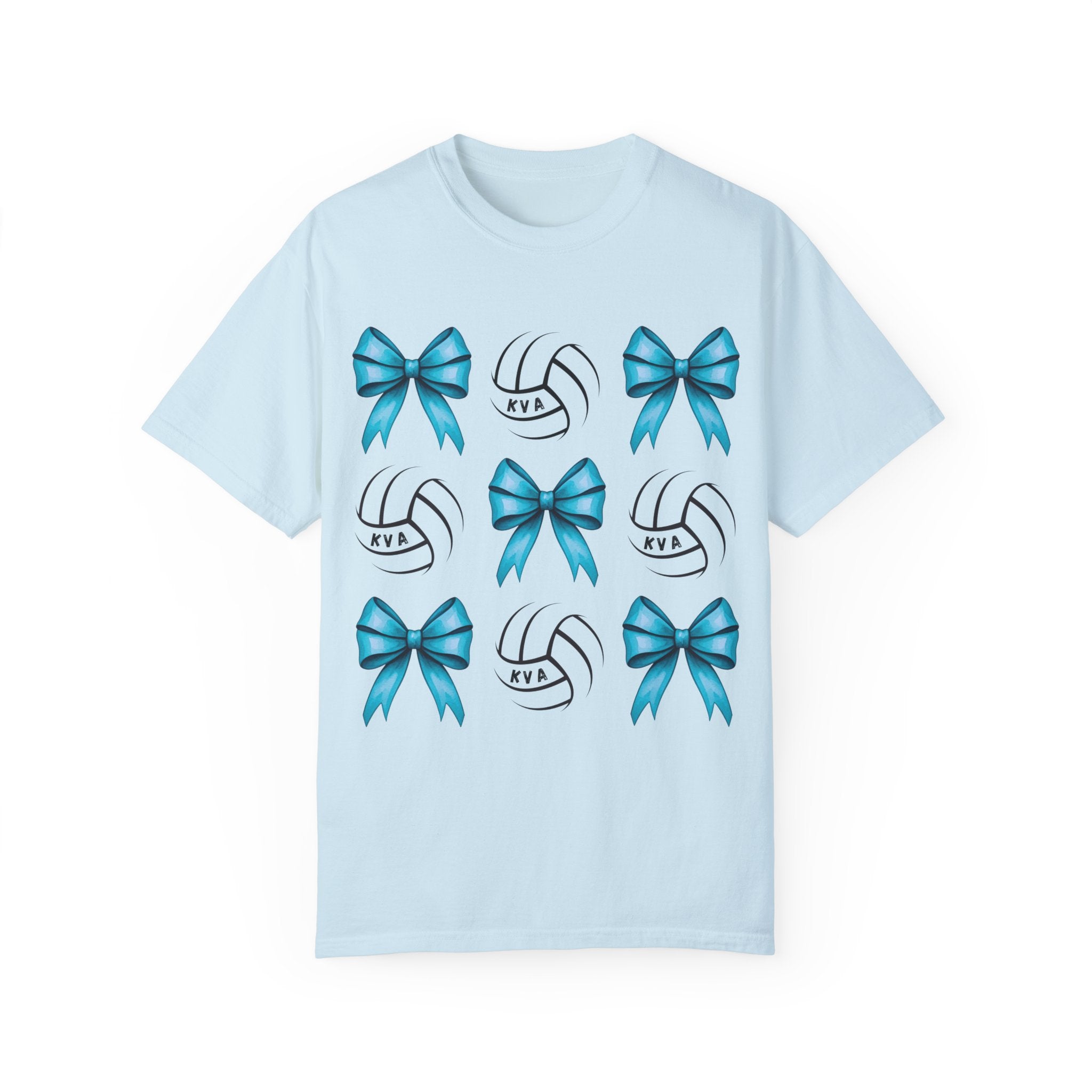 Garment-Dyed KVA Volleyball T-Shirt with Blue Bows and Volleyballs-