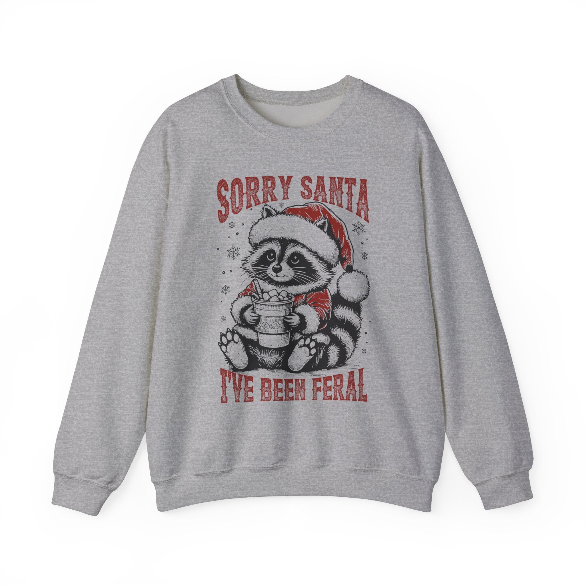 Funny Mens, womens and youth christmas crewneck,Feral Festive Raccoon: Sorry Santa Crewneck