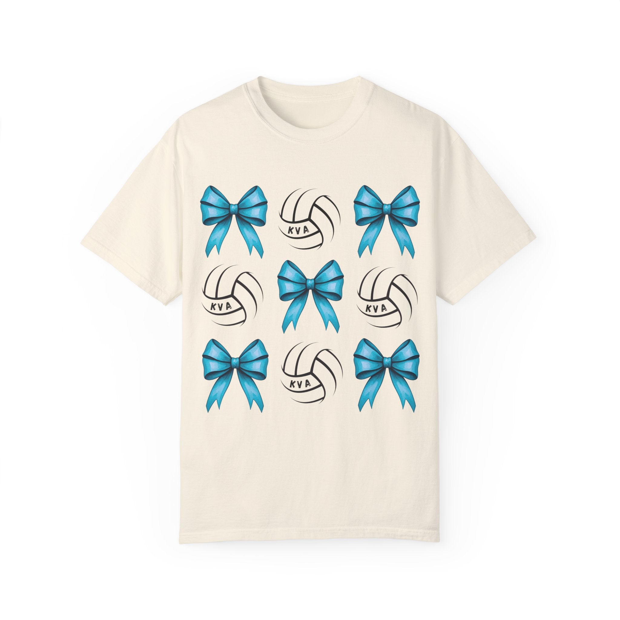 Garment-Dyed KVA Volleyball T-Shirt with Blue Bows and Volleyballs-