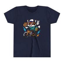 Load image into Gallery viewer, Kids Tee - Cute Back to School Raccoon Riding a Bike