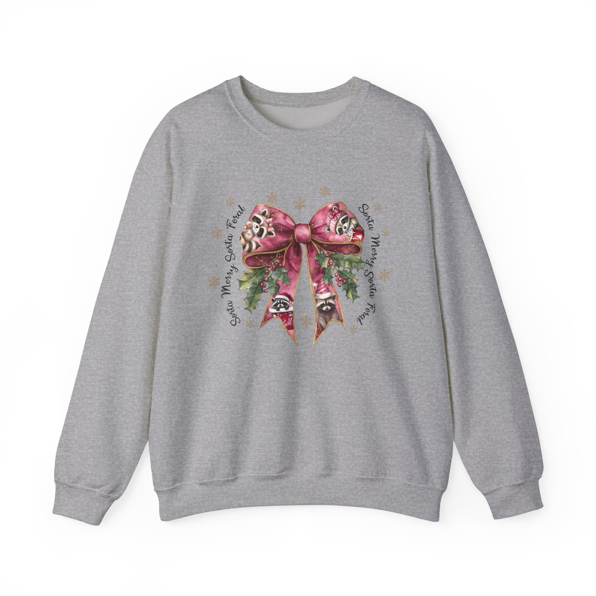 Funny Women's Sorta Merry Sorta Feral Sweatshirt – Festive Raccoon Bow Design