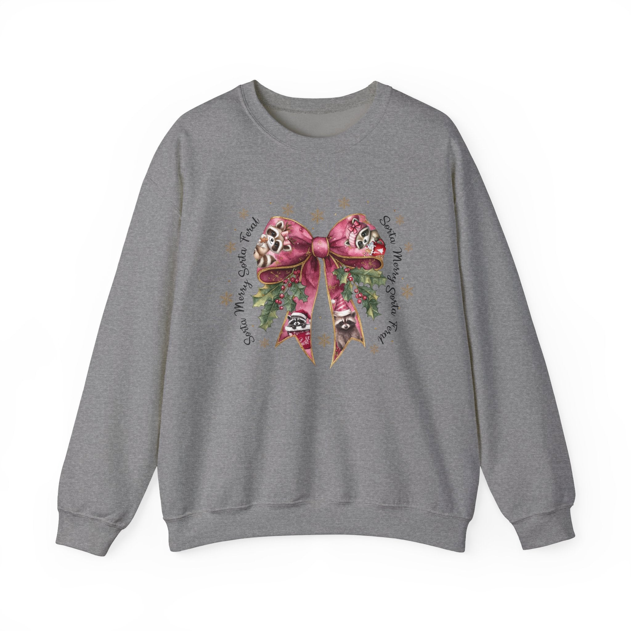 Funny Women's Sorta Merry Sorta Feral Sweatshirt – Festive Raccoon Bow Design