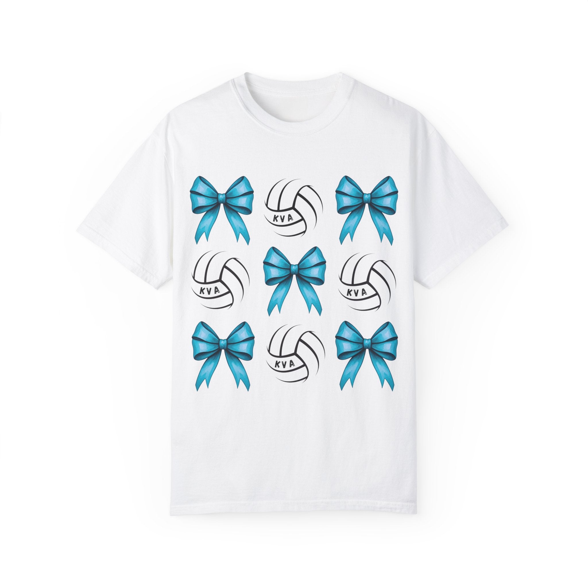 Garment-Dyed KVA Volleyball T-Shirt with Blue Bows and Volleyballs-