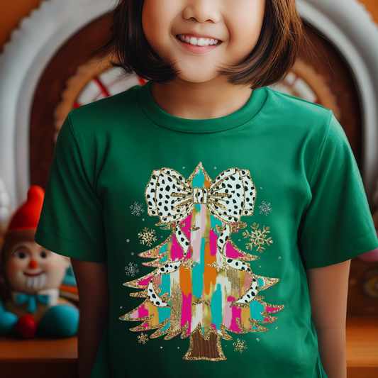 Colorful Coquette Glitter Christmas Tree: Girly & Bright Holiday Youth Girls T-shirt