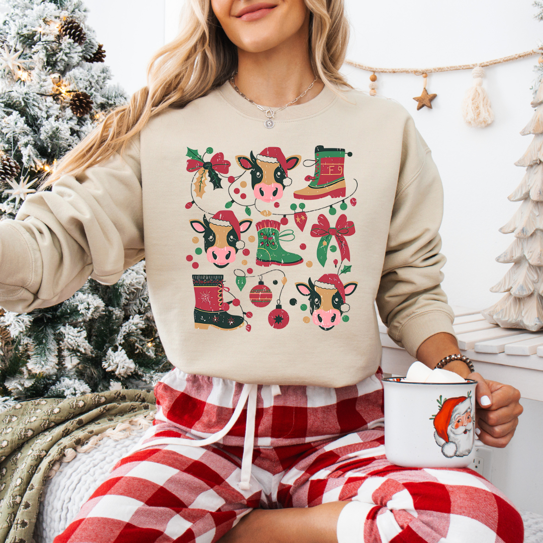 Country Christmas Vibes: Cows, Bows & Poinsettias! Sweatshirt