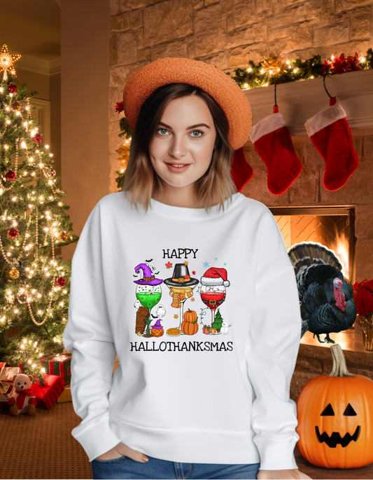 Hallothanksmas Crewneck Sweatshirt, Funny Holiday Season Sweatshirt, Halloween, Thanksgiving and Christmas sweatshirt