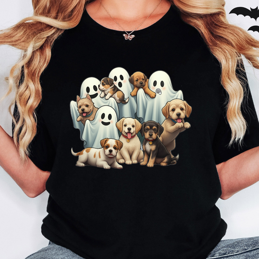 Halloween Ghosts and Puppies, Unisex Tee for Ghost Lovers, Halloween Shirt, Dog Owners, Fall Fashion, Spooky Graphic