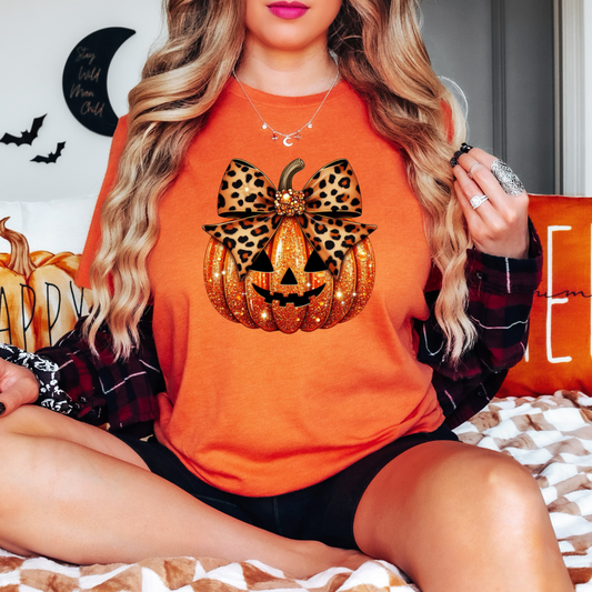 Leopard Coquette Bow Pumpkin: Sparkly Fall & HalloweenTee