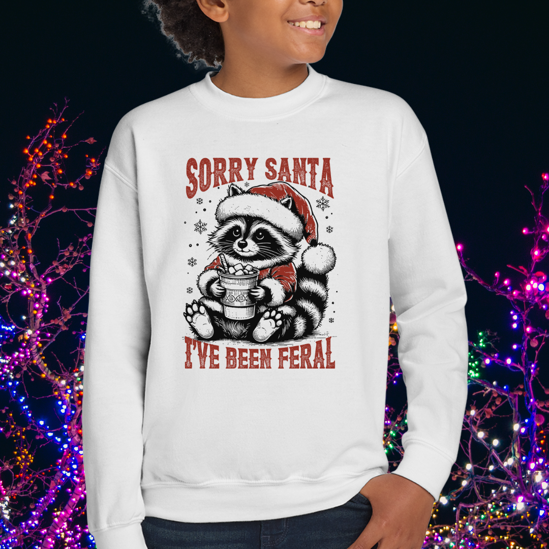 Funny youth christmas crewneck, Feral Festive Raccoon: Sorry Santa Crewneck YOUTH